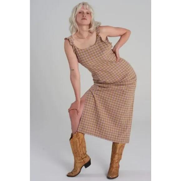 Milk It Bandit Purple Gold Gingham Plaid Ruffle Open Back Midi Dress - Picture 1 of 9